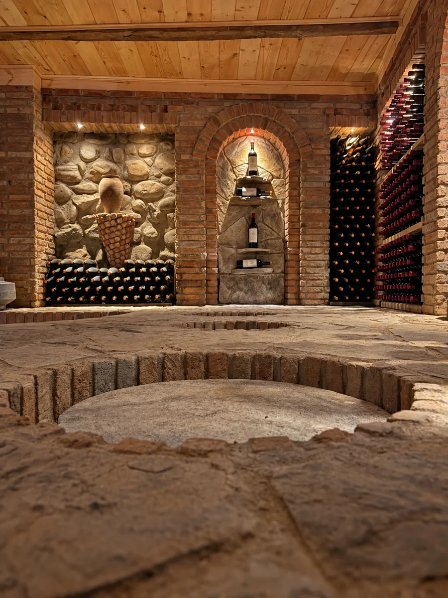Stonework and wine bottles in the warm light of Maiseli’s cellar