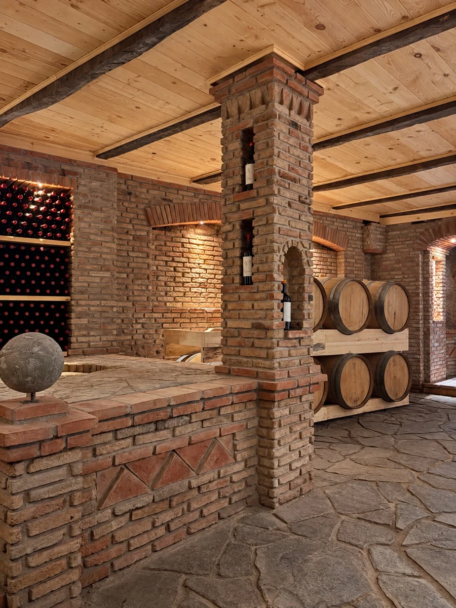 Brick arches, wine racks, and barrels in the Maiseli cellar